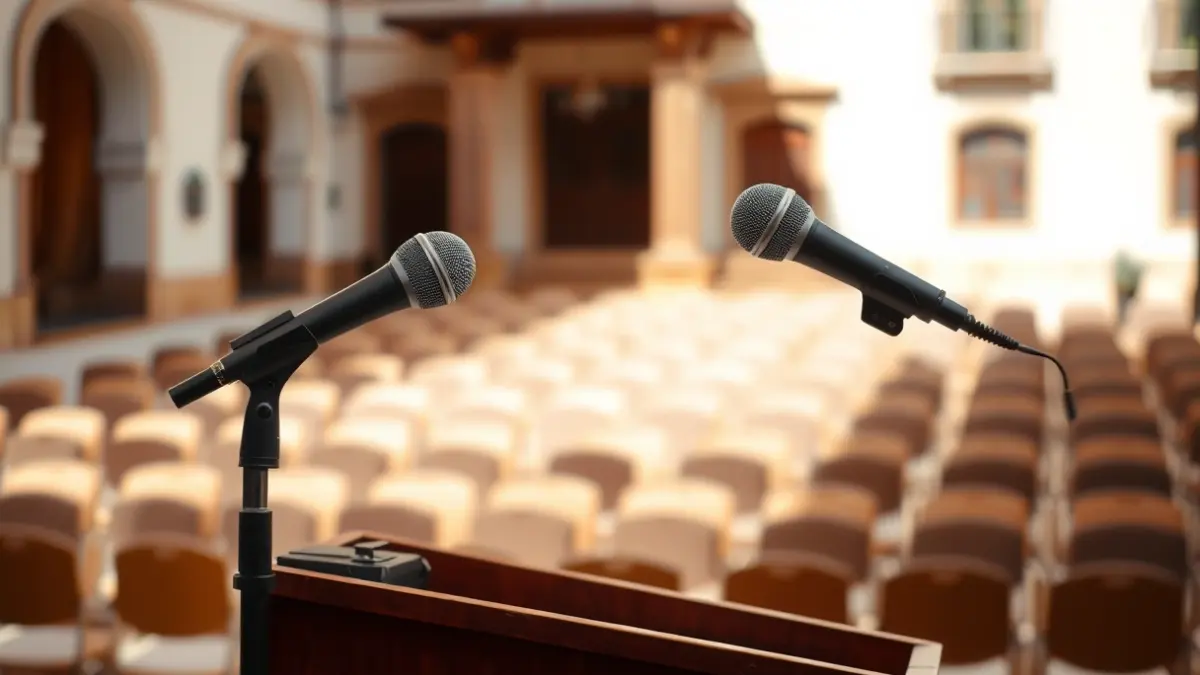 Generic image of a microphone on a podium, symbolizing political statements.
