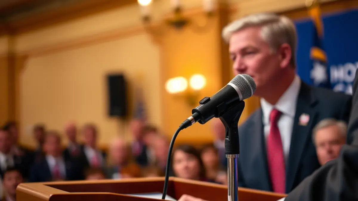 Generic image of a microphone on a podium during a political event.