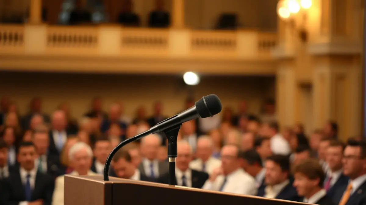 Imagen genérica de un micrófono en un atril, simbolizando un discurso político o una rueda de prensa.
