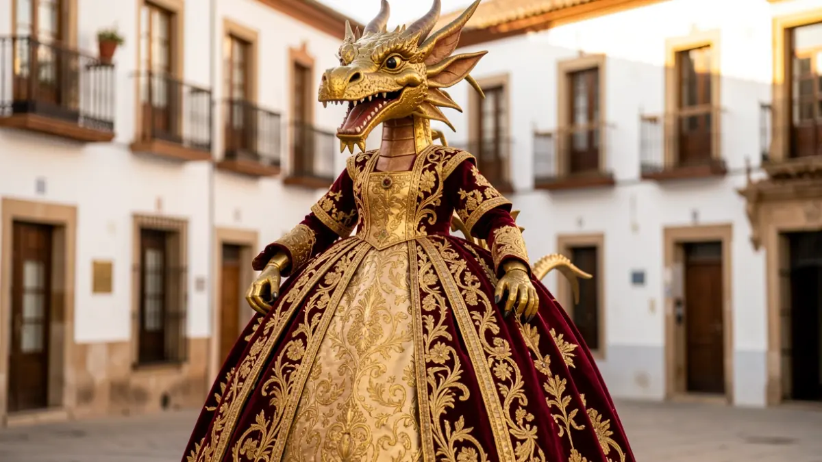 La Tarasca, figura del Corpus de Granada, vestida con un traje de ceremonia diseñado por Yolanda Ubago.