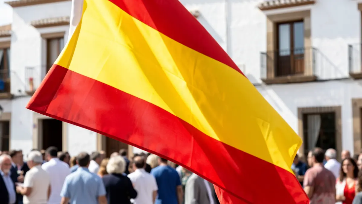 Imagen genérica de una bandera española con un edificio andaluz al fondo.