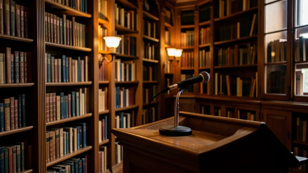 Generic image of a library with a microphone.