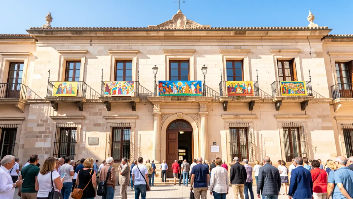 Facade of the Provincial Palace of the Diputación de Jaén with artworks displayed on its balconies.