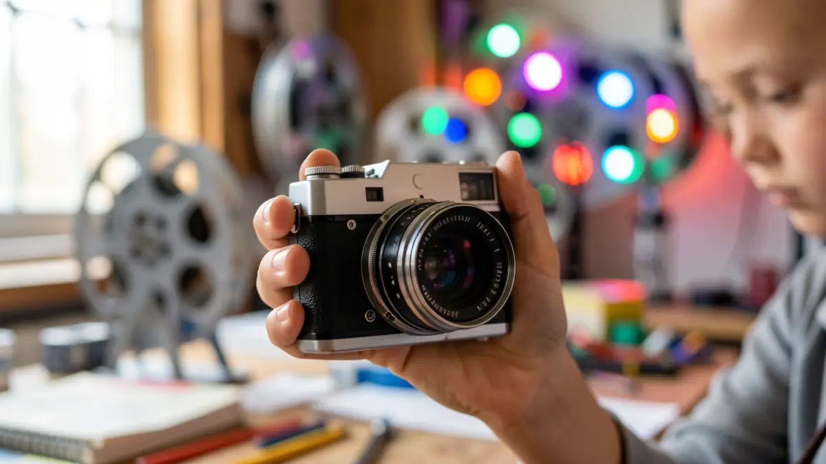 Close-up of a child's hand holding an old film camera, with blurred colorful lights and film reels in the background.