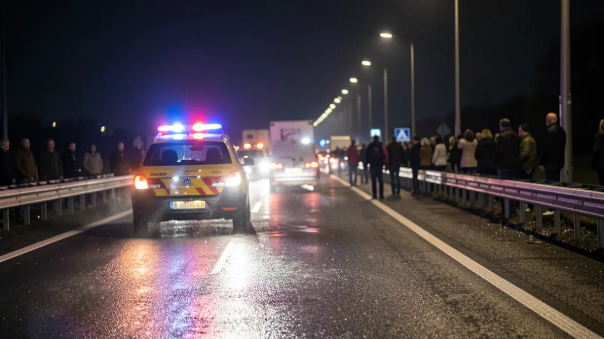 Generic image of emergency lights on a wet highway at night.