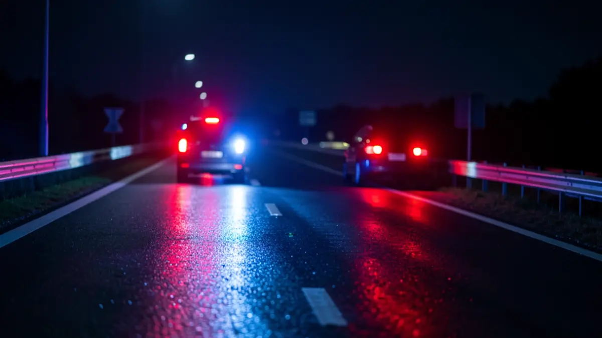 Generic image of emergency lights reflecting on wet asphalt at night.