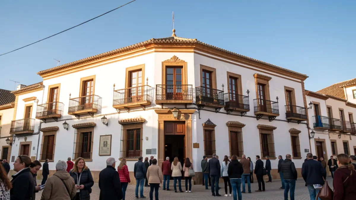 Facade of an Andalusian town hall with ornate balconies and white walls, under the warm afternoon sunlight.