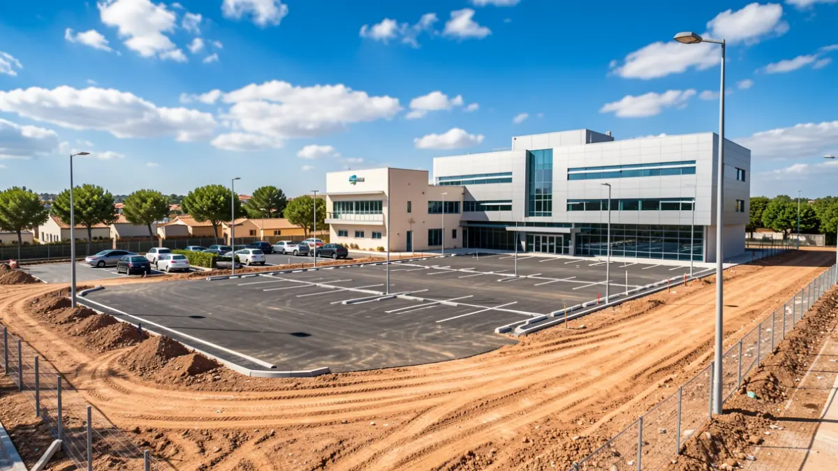 Aerial view of the construction of a parking lot next to a health center in San Fernando.