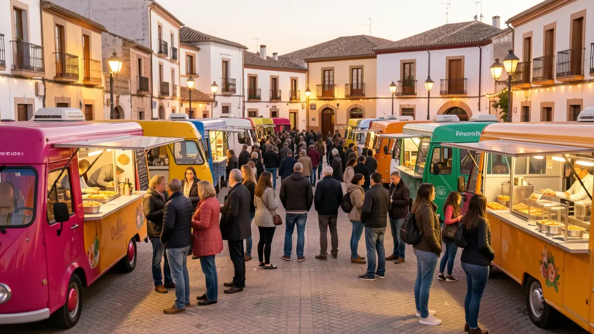Generic image of a food truck festival in an Andalusian square with people enjoying.