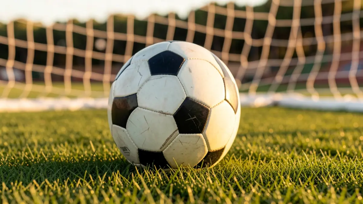 Imagen genérica de un balón de fútbol sobre césped con la portería desenfocada.