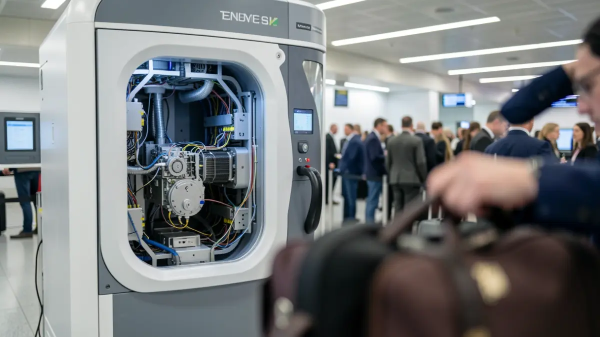 Close-up of a state-of-the-art 3D X-ray scanner at an airport security checkpoint.
