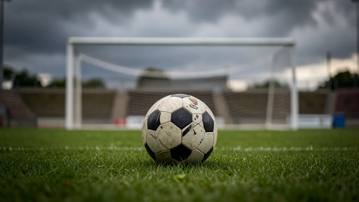 Imagen genérica de un balón de fútbol sobre césped con la portería difuminada al fondo.