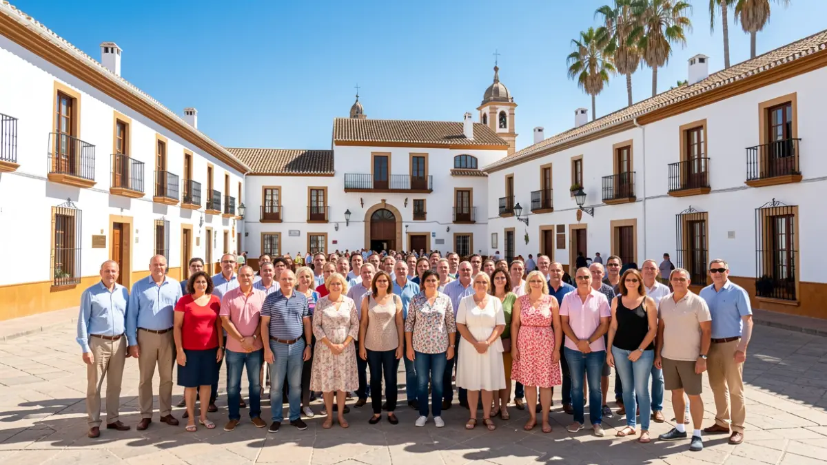 Imagen genérica de un grupo diverso de personas en una plaza andaluza.