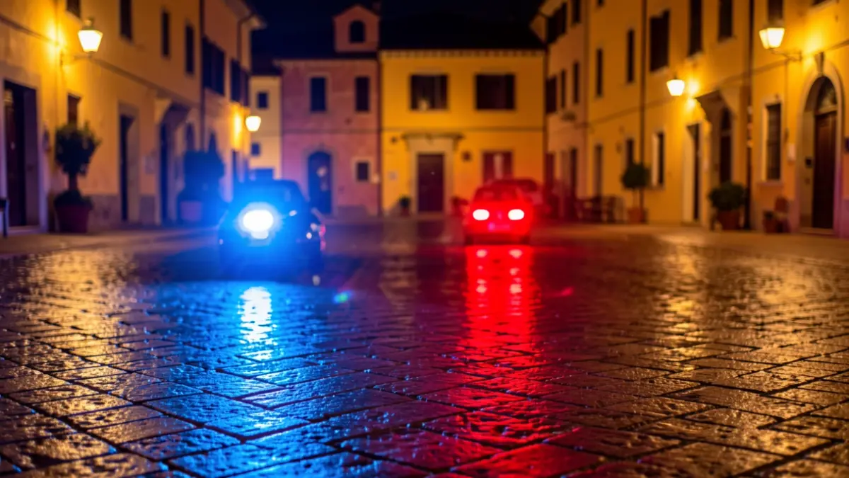Generic image of emergency lights reflecting on wet asphalt at night.