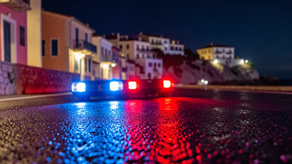 Generic image of police emergency lights reflecting on wet asphalt at night.
