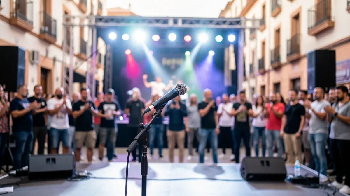 Escena de un escenario de rap en Aguadulce con luces brillantes y público desenfocado.