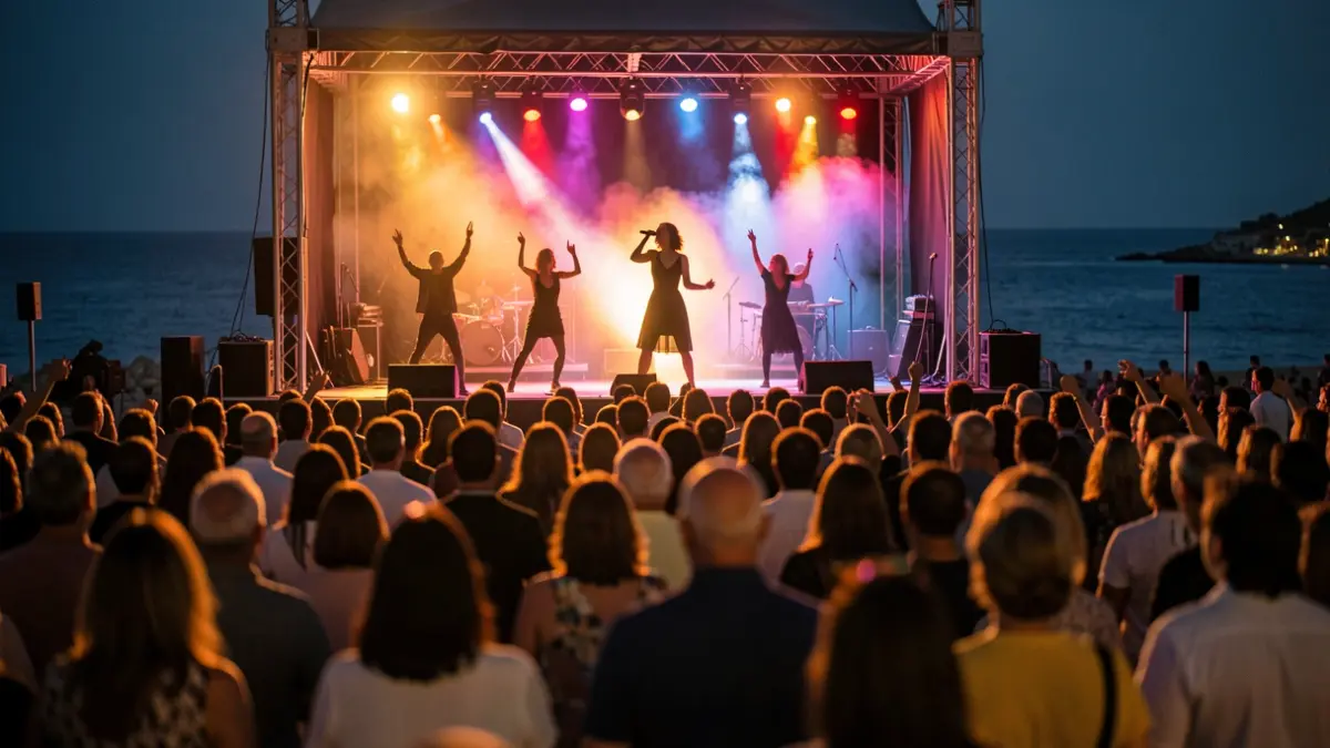 Generic image of an outdoor night concert with a singer on stage and audience.