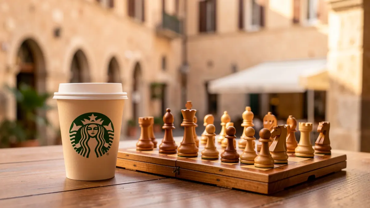 Starbucks coffee cup next to a themed chess set, with blurred Andalusian architecture in the background.
