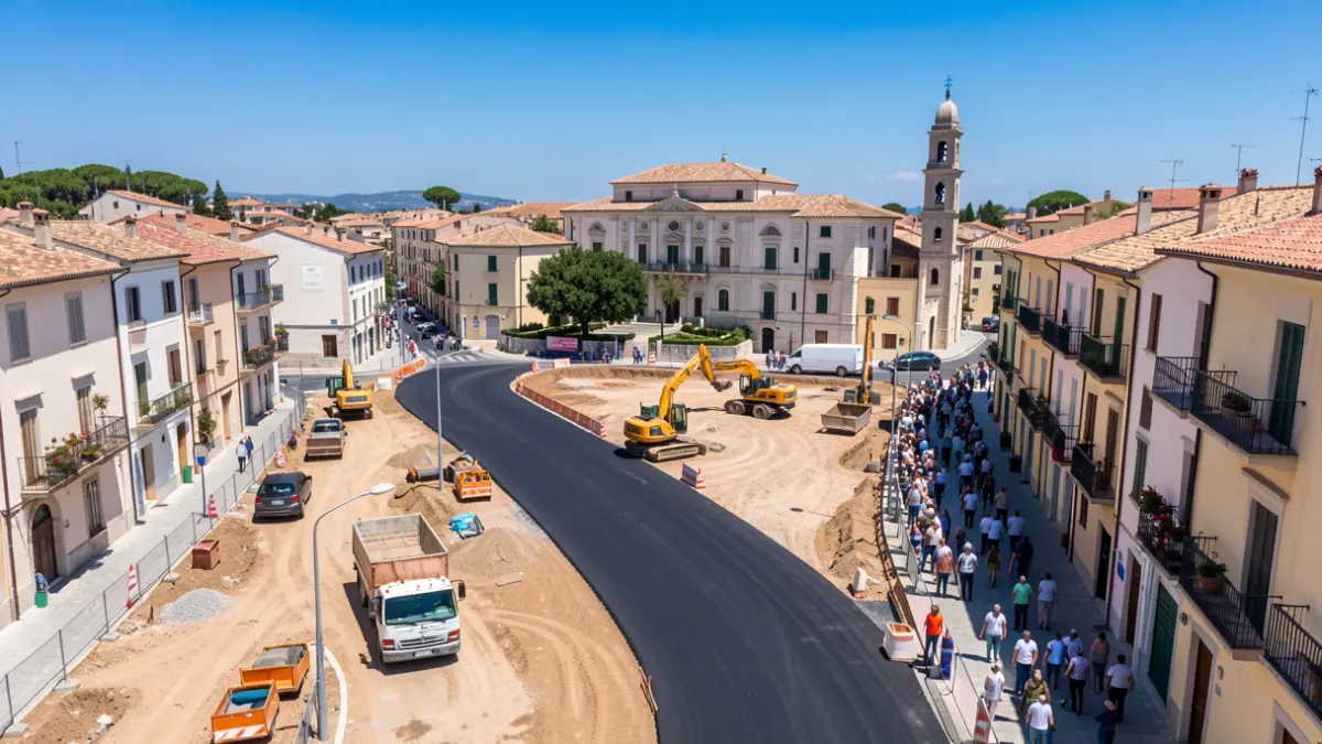 Aerial view of the widening of Ramón y Cajal street in Albolote, showing construction work and new parking spaces.