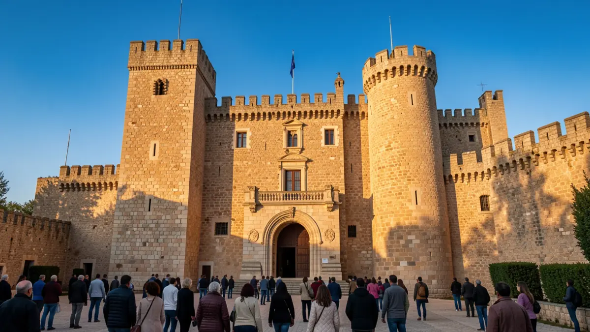 Facade of the Alcalá de Guadaíra Castle, a historic fortress with stone walls and towers, under the warm late afternoon light.