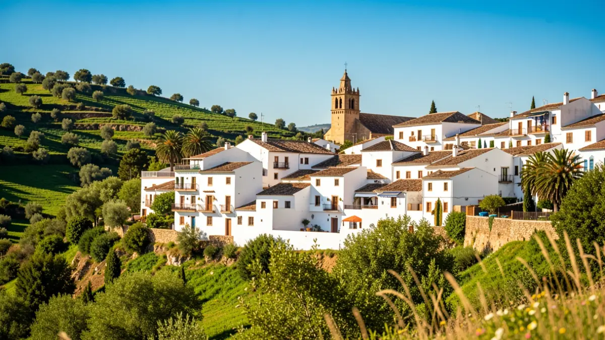 Imagen genérica de un pueblo blanco andaluz con arquitectura tradicional y un paisaje verde.