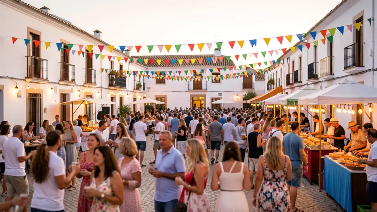 Generic image of a summer festival in a white Andalusian village with people enjoying themselves.