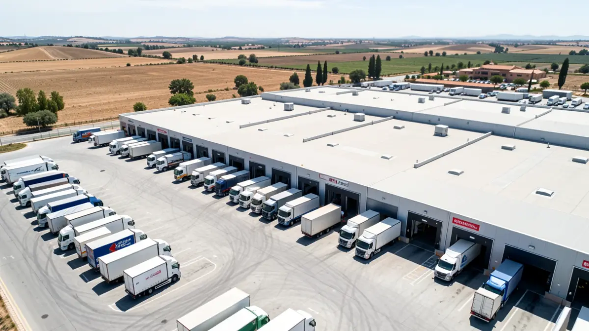 Generic image of a supermarket distribution center with trucks.