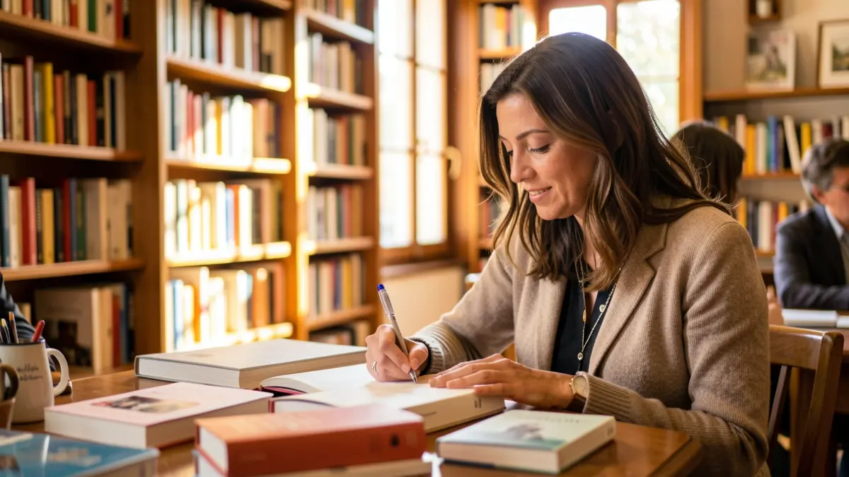 Imagen de una autora firmando libros en una librería de Málaga.