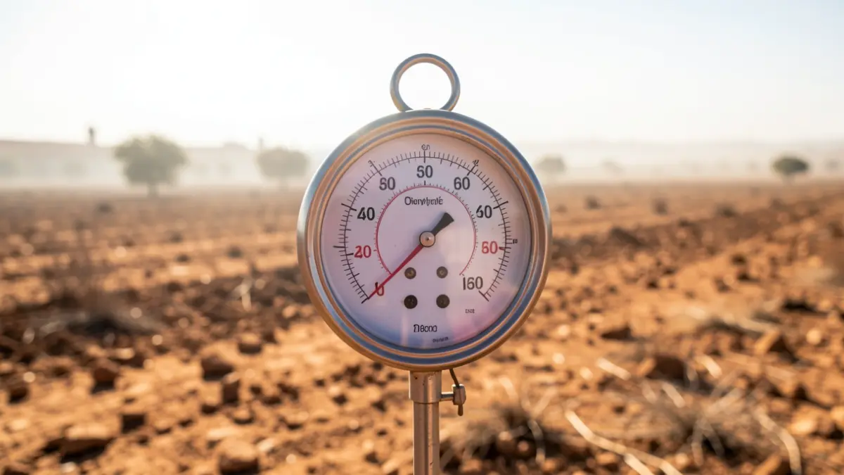 Thermometer showing extreme temperatures in a dry, sunny Andalusian landscape.