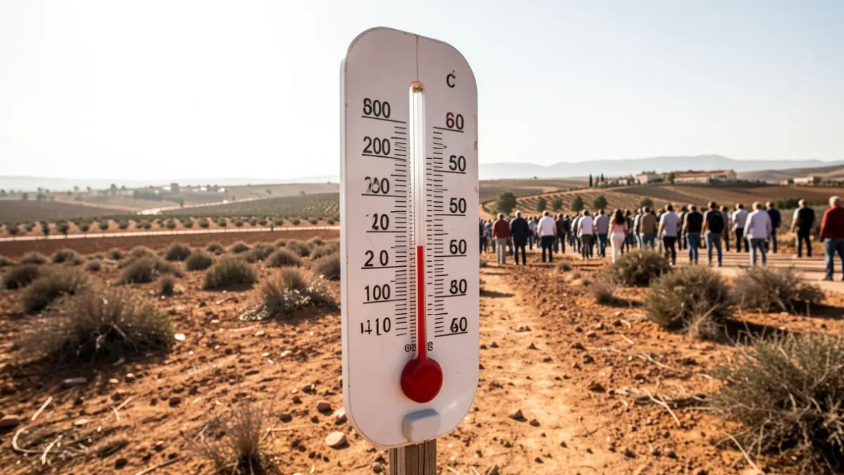 Termómetro mostrando alta temperatura en paisaje andaluz árido.