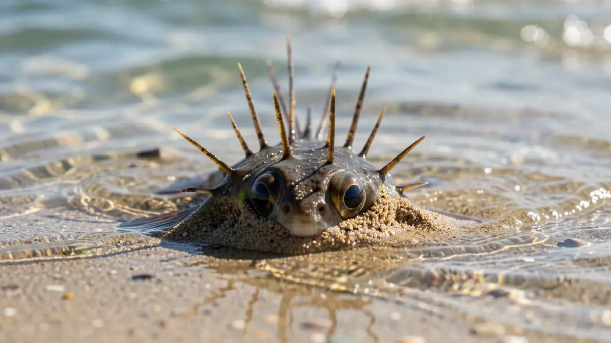 Primer plano de un pez araña venenoso semienterrado en la arena de una playa de Huelva, con sus espinas dorsales visibles.