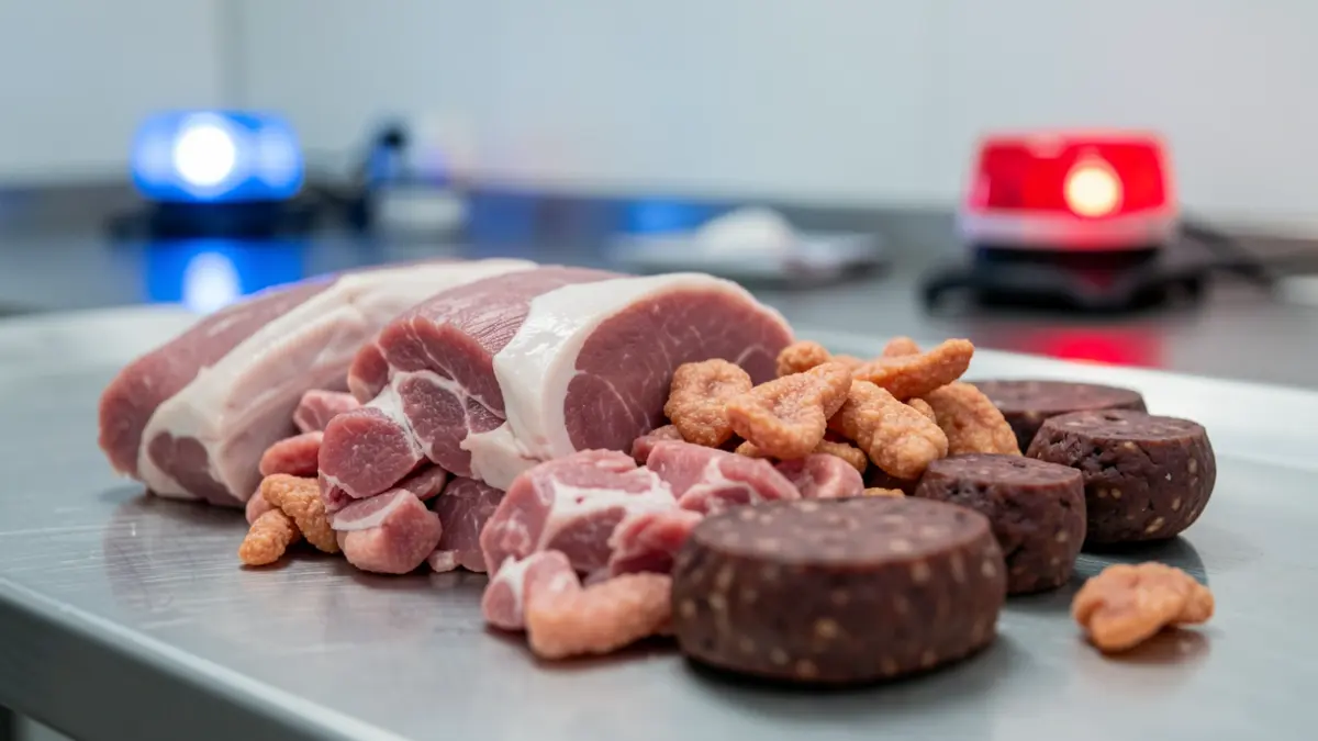 Close-up of raw meat products, chicharrón and morcilla, on a stainless steel surface with blurred emergency lights in the background.