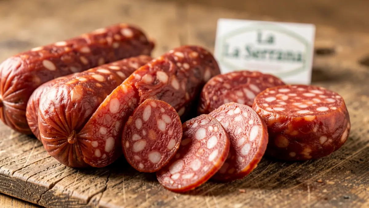 Close-up of La Serrana brand chorizos, some horseshoe-shaped and others round, on a rustic wooden surface.