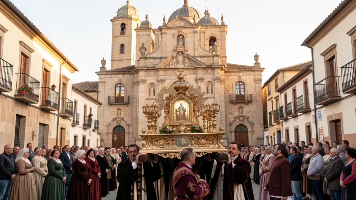 Generic image of a Corpus Christi religious procession in a Spanish square with traditional architecture.