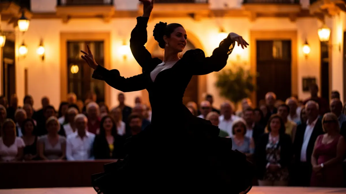 Silueta de bailaora flamenca en pleno movimiento sobre un escenario con luces cálidas y arquitectura andaluza de fondo.