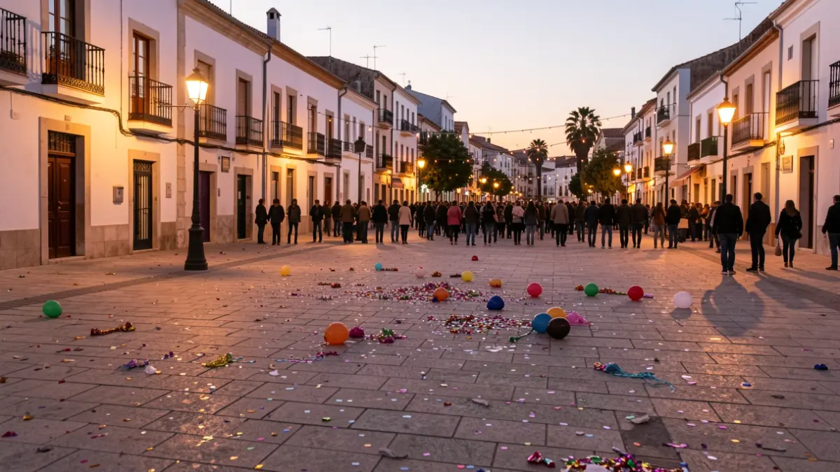 Image of Algeciras square at dawn after the fair, with decoration remnants and streetlights on.