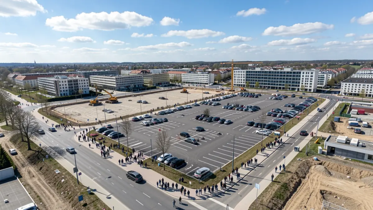 Vista aérea de una zona urbana en desarrollo con espacios de estacionamiento y obras.