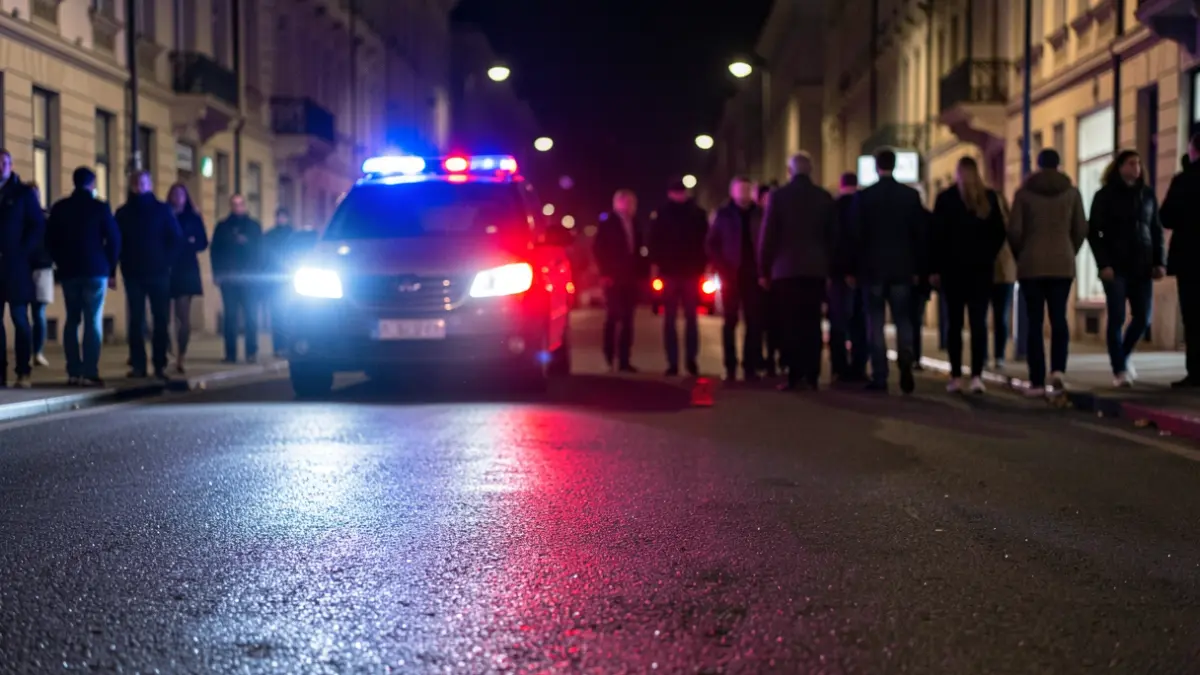 Generic image of police emergency lights reflecting on wet asphalt.