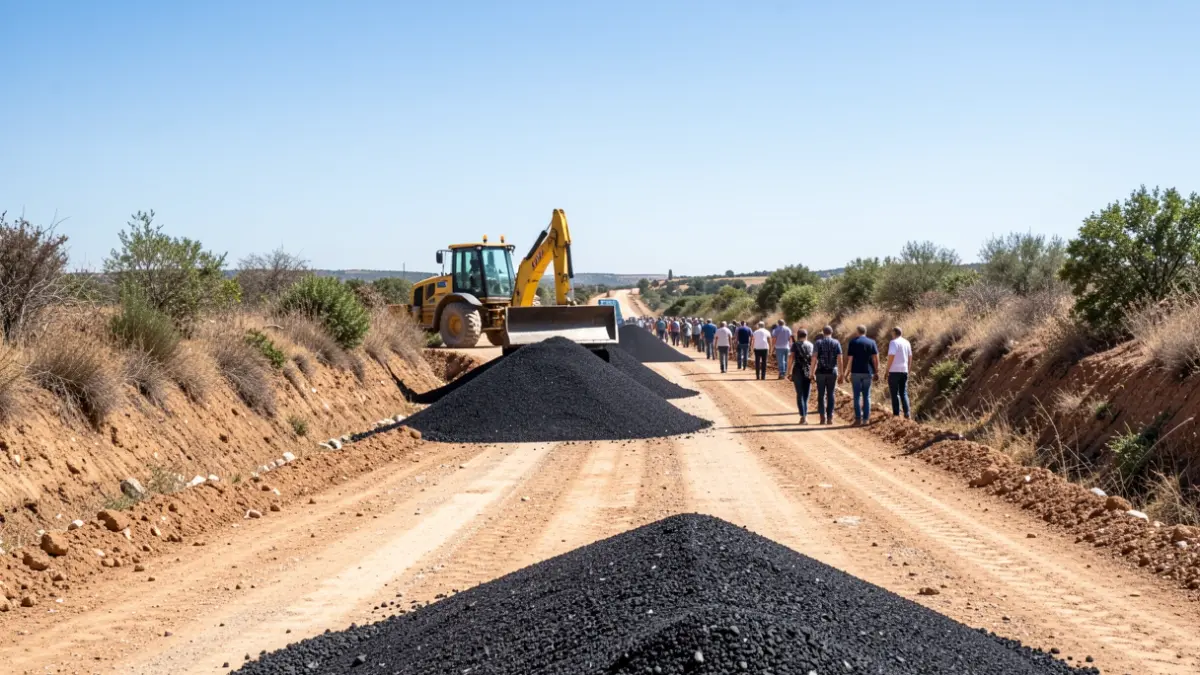 Imagen genérica de obras en un camino rural en Andalucía con maquinaria pesada y asfalto.