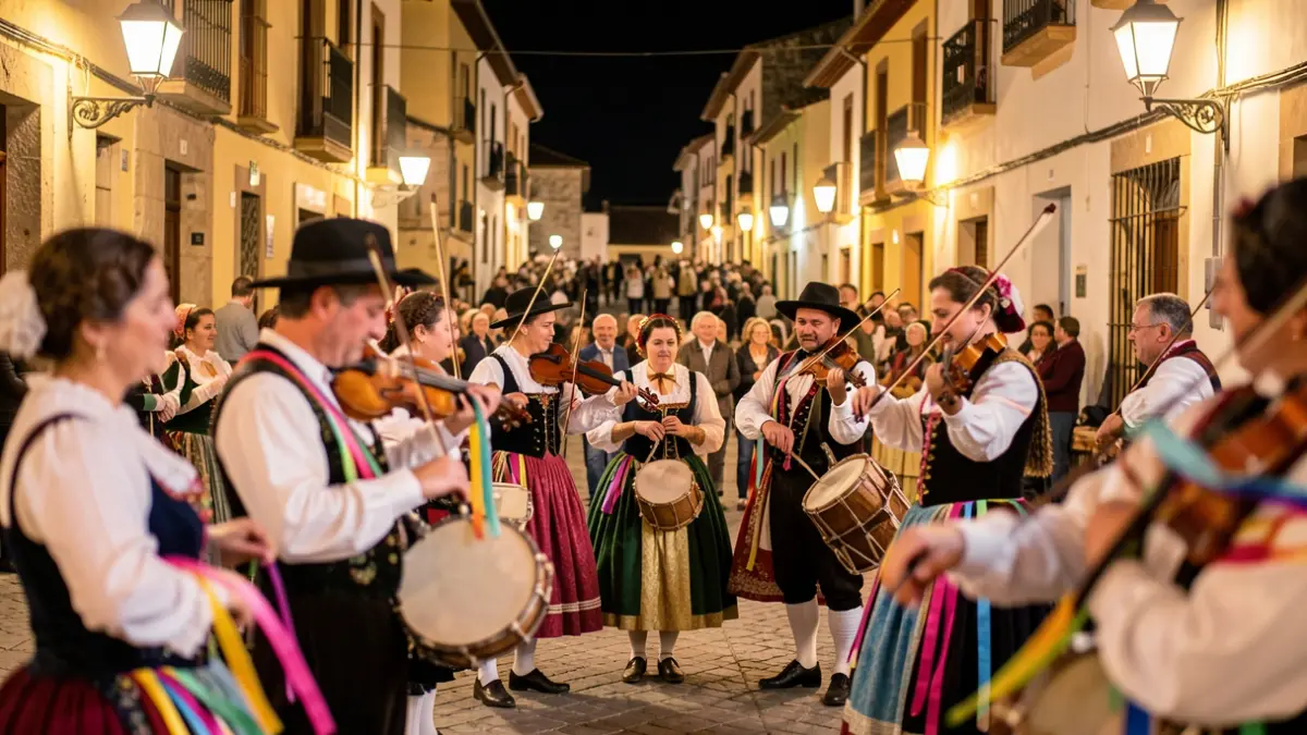 Imagen genérica de una fiesta popular de música tradicional andaluza con instrumentos y cintas de colores.