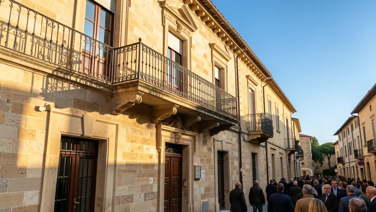 Stone facade of an Andalusian town hall with balcony and iron railings, warm afternoon light.