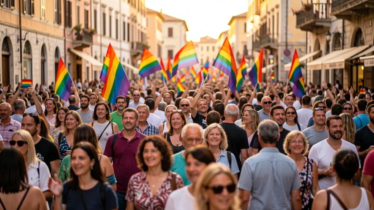 Generic image of an LGBTQ+ Pride march in a Mediterranean city square with people celebrating.