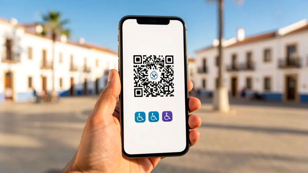 Image of a smartphone displaying a QR code and accessibility icons, with a blurred background of a square in Almería.