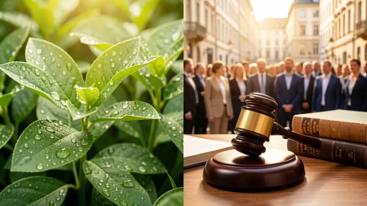 Split image showing green leaves and a judge's gavel with law books, representing online training in environment and law in Almería.