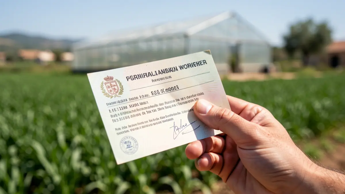 Primer plano de un permiso de trabajo agrícola español en una mano, con campos verdes y un invernadero desenfocados al fondo.