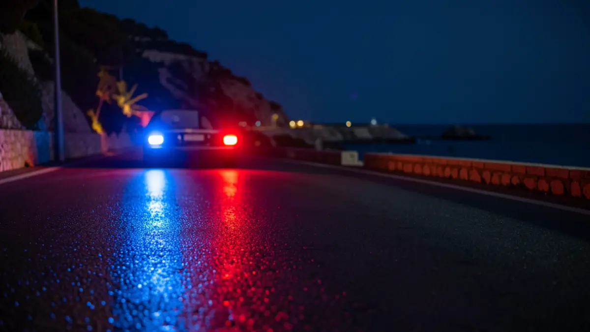 Imagen genérica de luces de emergencia policiales reflejadas en el asfalto durante la noche.