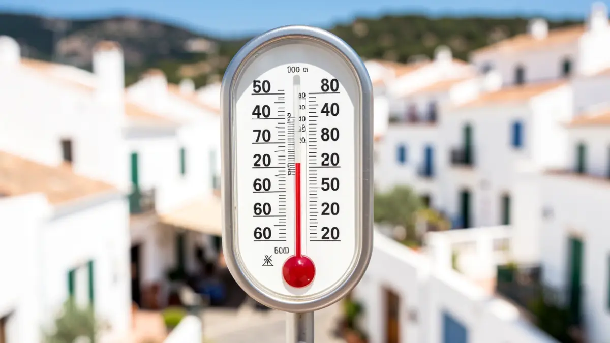Termómetro mostrando temperatura extrema con fondo borroso de pueblo mediterráneo y sol intenso.