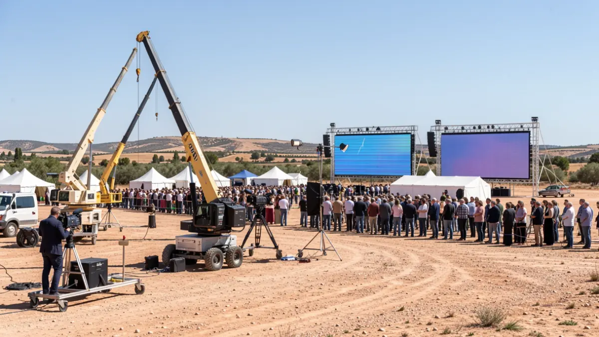 Film set preparation in a semi-arid landscape of Andalucía with cranes, lighting equipment, and LED screens.
