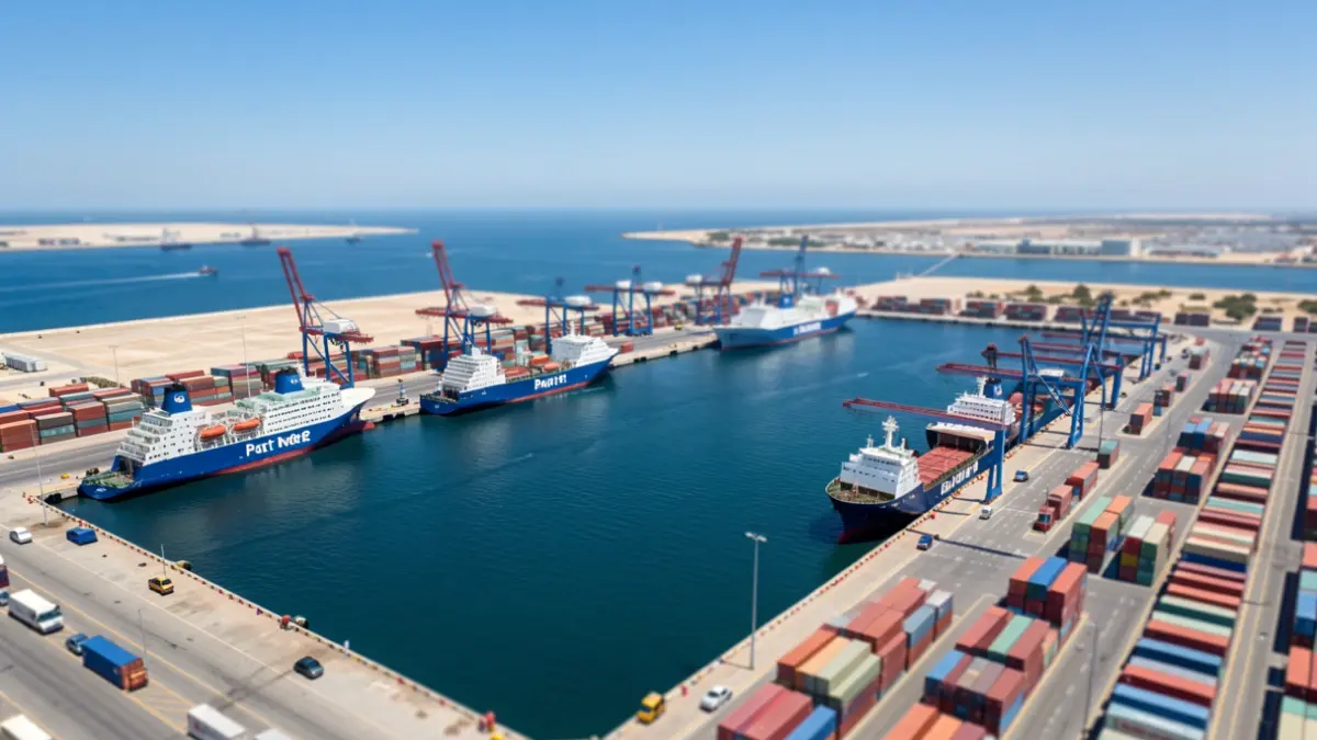 Vista aérea del Puerto de Almería con ferris y contenedores.