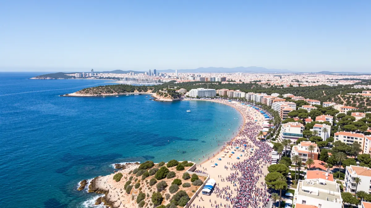 Generic aerial view of a Mediterranean coast with a city in the background.